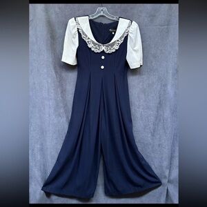 Vintage Wide Leg Jumpsuit Navy Blue With Lace Collar Small
